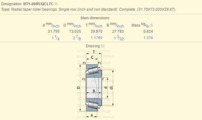 Identification 73.025mm OD des roulements à rouleaux coniques de la taille BT1-0085/QCL7C de pouce 31.75mm 0