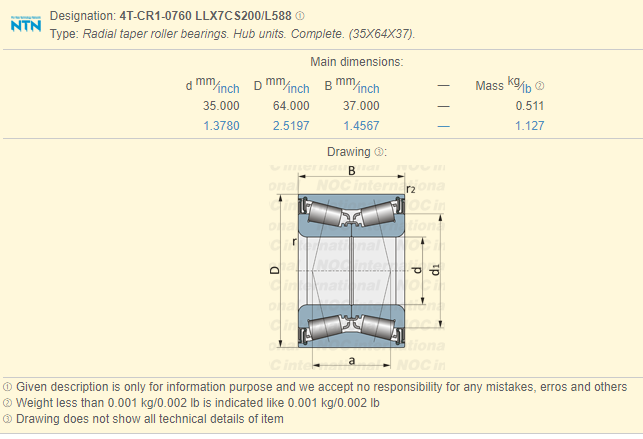 Unités radiales de hub de roulements à rouleaux coniques de 4T-CR1-0760 LLX7CS200/L588 35 x 64 x 37mm 0
