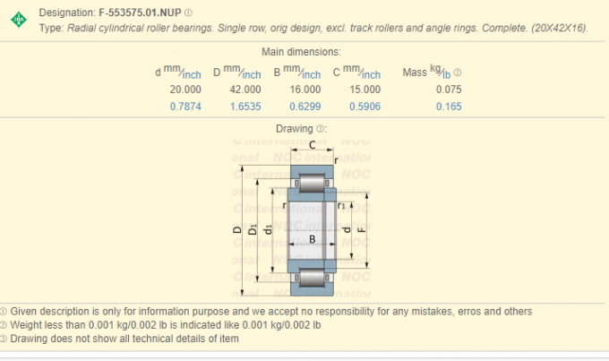 × cylindrique du × 42 du catalogue 20 d'incidence de machine d'impression de roulement à rouleaux de F -553575,01 16 millimètres 0
