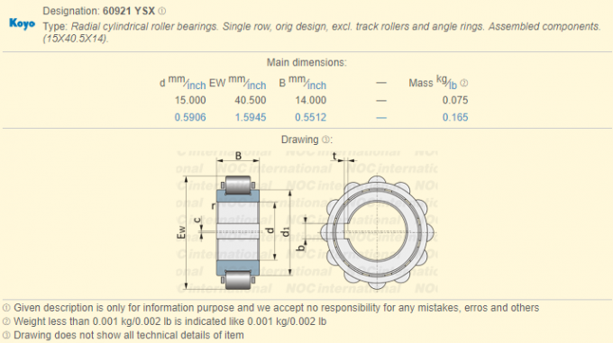 Rangée simple 60921 YSX, incidence 15UZS20951T2 cylindrique excentrique pour des vitesses de réducteur 0