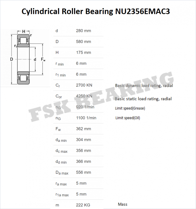 Roulement à rouleaux cylindrique de grande taille de la charge lourde NU2356 EMAC3 NU2364 ECMA 0